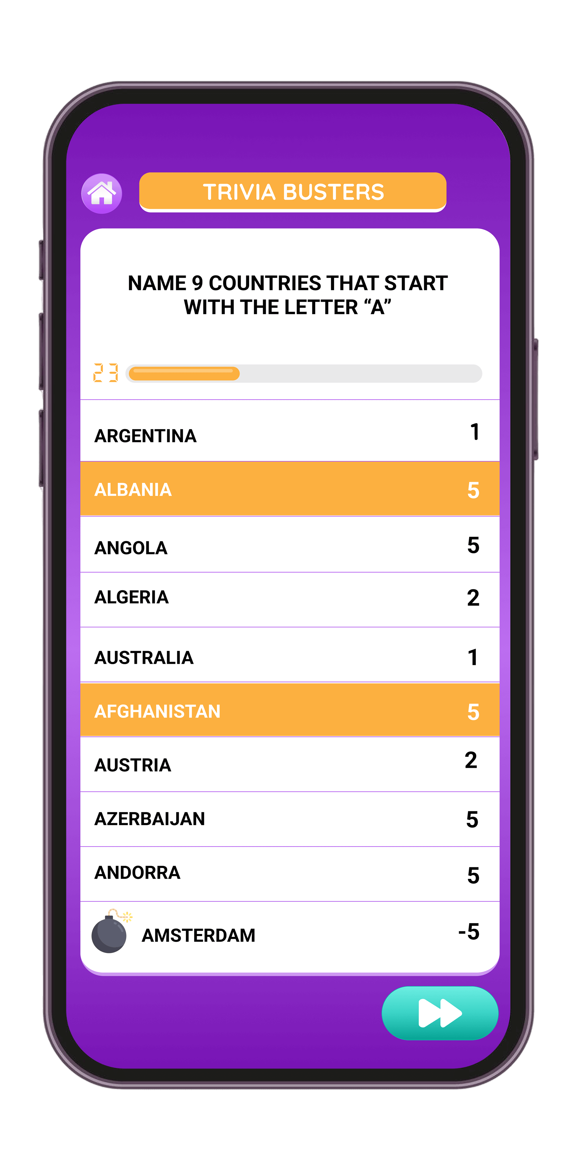 Question screen: name 9 countries that start with the letter "A"